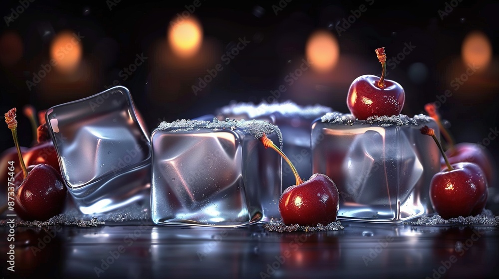 Poster ice cube cluster with cherries and an apple in center