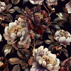 Luxurious seamless pattern of peony blossoms with gold accents on a deep, rich background, exuding opulence and sophistication