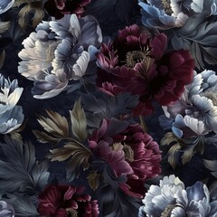 Luxury seamless design of peony blossoms in deep jewel tones with subtle metallic accents on a dark, opulent background, evoking richness and elegance