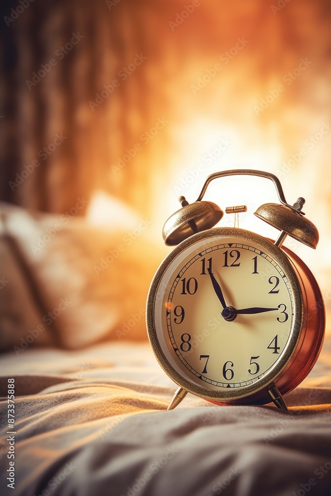 Poster a large alarm clock with the time of 7:30 on it. the clock is sitting on a bed