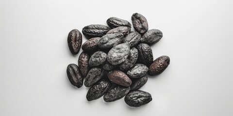 Obraz premium A pile of dried fruit with a white background. The fruit is small and wrinkled. The pile is spread out and he is a mix of different types of fruit
