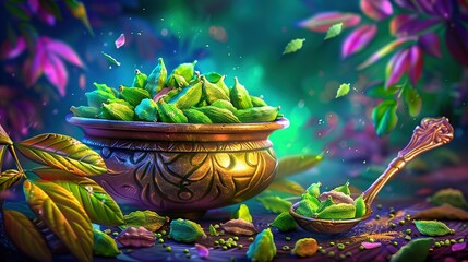   A painting of a bowl overflowing with leaves, and a spoon scooping them up
