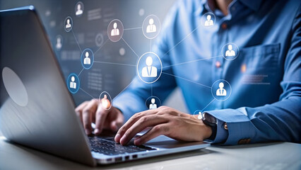 Businessman using a computer to document management concept, online documentation database and digital file storage system or software, records keeping, database technology, file access, doc sharing.