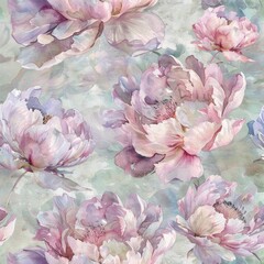 Watercolor peony blossoms in a seamless pattern with a blend of soft pastel shades, creating a fluid, ethereal look against a textured backdrop