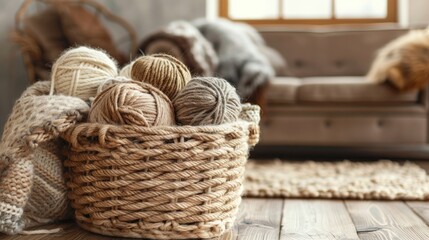 Obraz premium Handcrafted basket for knitting and crochet supplies in cozy home setting with space for creativity