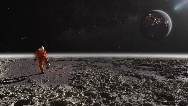 Lone astronaut on the moon, surrounded by a lunar landscape. The Earth is visible in the background, creating a stunning view. The astronaut in a space suit has fun playing with a soccer ball