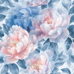 Obraz premium Watercolor seamless pattern with soft peony blossoms in delicate pastel shades, blending seamlessly into a dreamy, vintage-inspired background