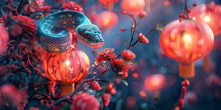 Mystical Serpent Amongst Lanterns and Blossoms of a Night Garden