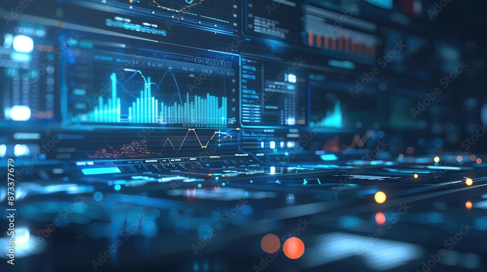 Poster futuristic data analysis dashboard with digital graphs and charts, showcasing technology, finance, a