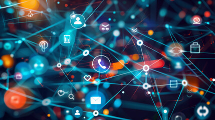Obraz premium Global communication through social media, technology, and notifications. Digital connections symbolized by icons and lines.