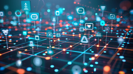 Fototapeta premium Global communication through social media, technology, and notifications. Digital connections symbolized by icons and lines.