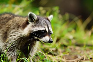 Side Profile of a Raccoon in a Natural Grass Setting