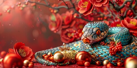 Fototapeta premium Serpent Amid Blossoms in Festive Red and Gold Composition