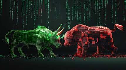 Obraz premium A concept image of a digital bull made of green binary code and a bear made of red binary code, symbolizing contrasting market sentiments.