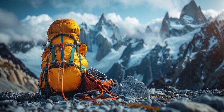 Backpack with Climbing Gear Among Snow-Capped Mountain Peaks in Perfect Weather