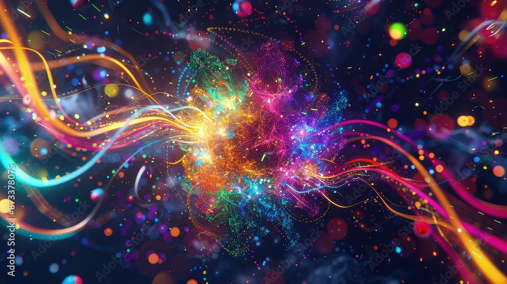 Poster a concept image of ai with a complex digital core emitting vibrant colors, surrounded by swirling da