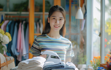 Happy  young woman holding electric steam hot iron