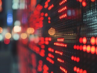 Close-up of financial indices on a digital display board