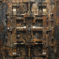 Detailed image of a bank vault door, showing intricate locking mechanisms
