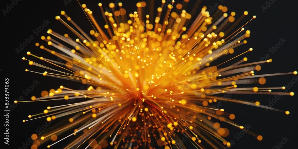 Poster a bright yellow firework with many small dots. the firework is in the center of the image and is sur