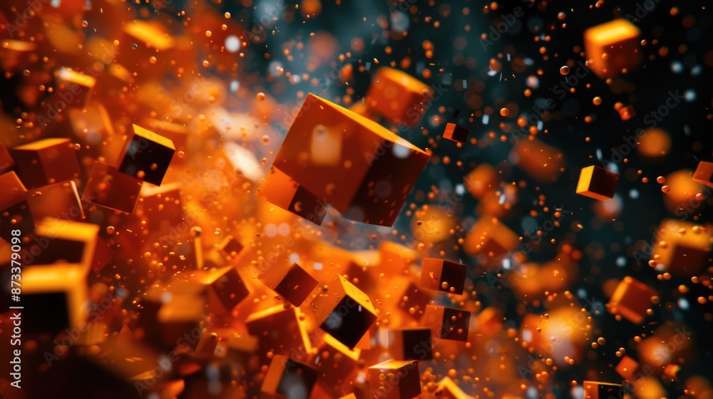 Poster a close up of orange cubes in a chaotic scene. the orange cubes are scattered all over the image, wi