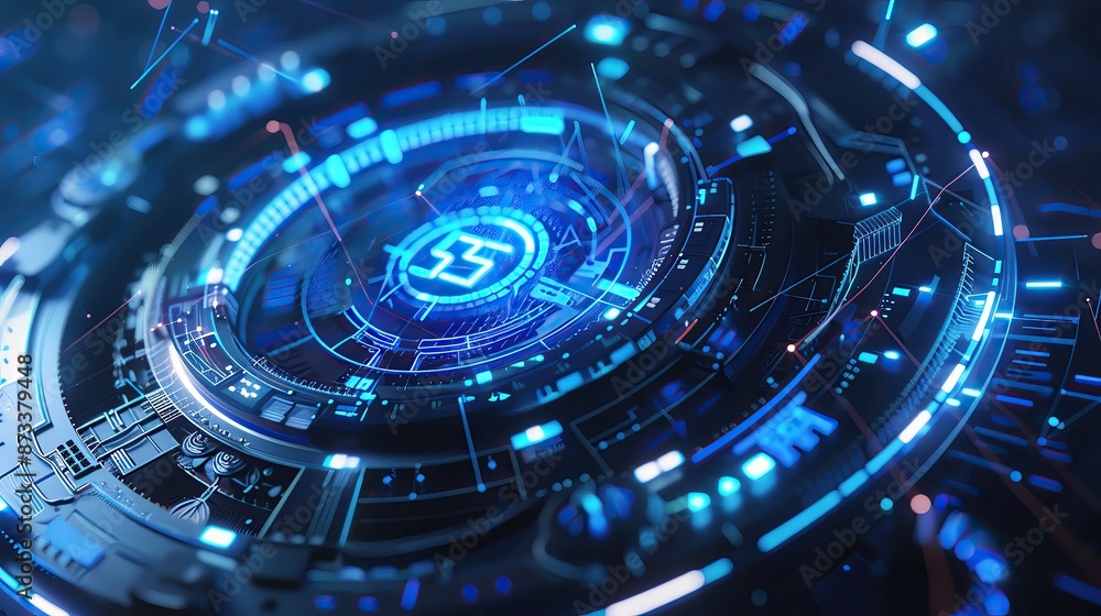 Poster futuristic digital interface with neon blue lights, showcasing advanced technology and data visualiz