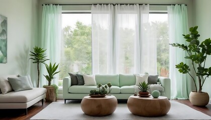Modern Green Themed Living Room with Large Windows and Natural Light