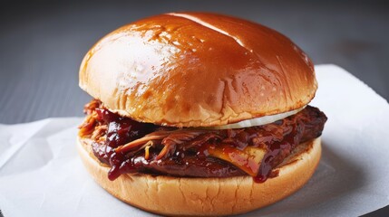 Delicious pulled pork sandwich with savory slow-cooked pork, on a white background, perfect for food advertising, focus cover all object