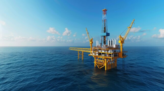 Coastal natural gas facility with offshore rigs, state-of-the-art engineering, and crystal-clear waters, combining industrial prowess with natural beauty