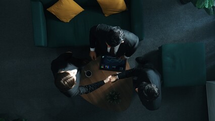 Top down aerial view of skilled businessman shake hands with smart executive manager. Slow motion...