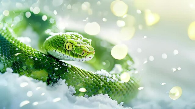 Video of green snake symbol 2025 is shown in a snowy background. Chinese horoscope.