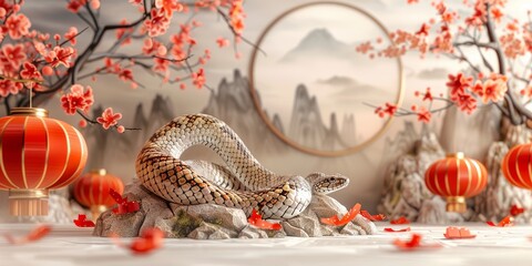 Obraz premium Serene Snake Among Blossoms and Lanterns in Oriental Art