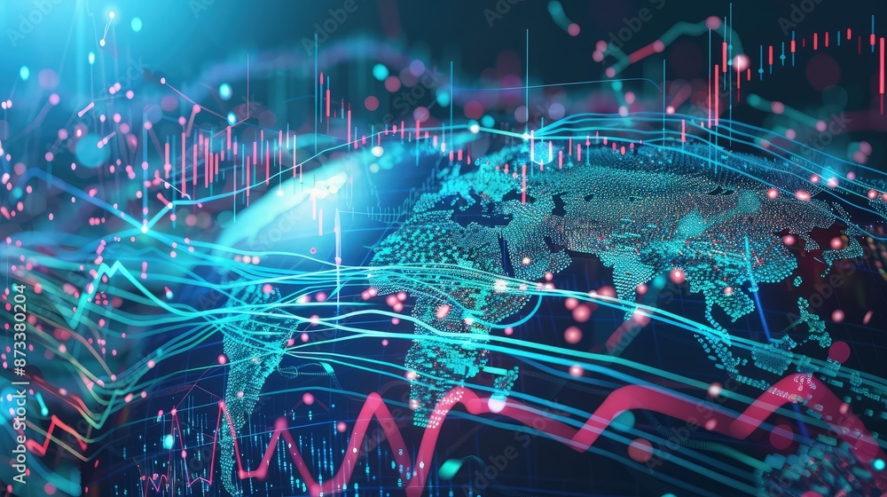 Poster a conceptual visualization of global financial markets with interconnected waves and pulses moving a