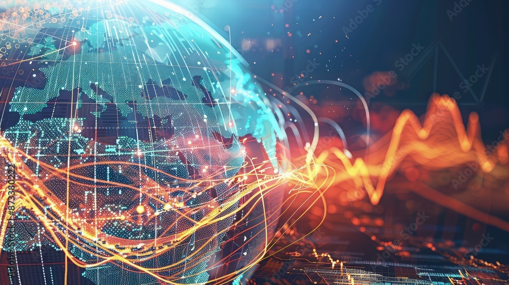Poster a conceptual visualization of global financial markets with interconnected waves and pulses moving a