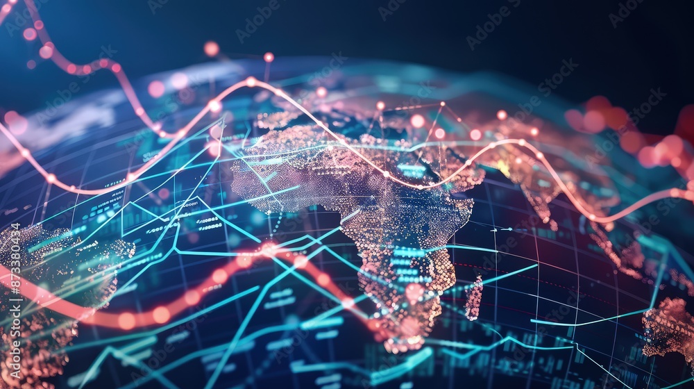 Poster a conceptual visualization of global financial markets with interconnected waves and pulses moving a