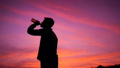 Fototapeta premium Silhouette of a Man Drinking Against Vibrant Sunset Sky