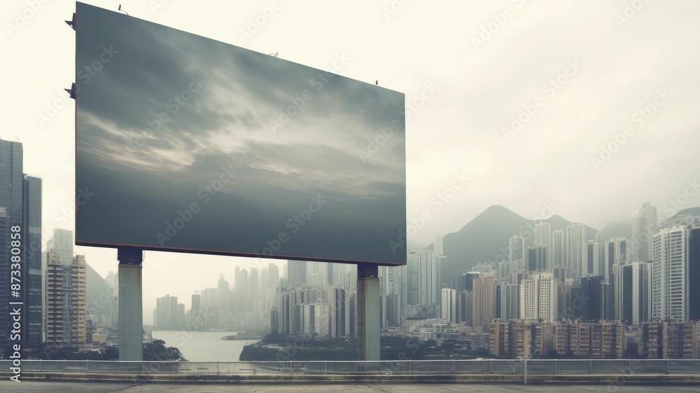 Aufkleber urban billboard above an empty highway with overcast skies and modern cityscape in the background. a