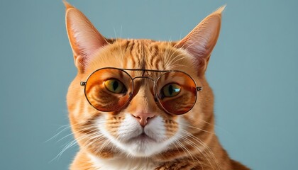 Stylish Orange Tabby Cat Wearing Retro Sunglasses Against Blue Background