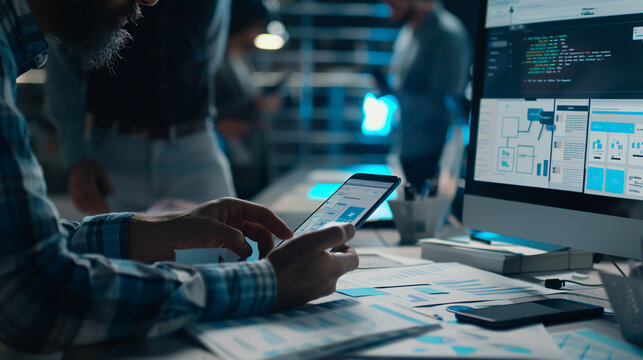 Close-up of a UX developer and UI designer using an augmented reality app to brainstorm about mobile interface wireframe design on a desk at a modern office, representing a creative digital