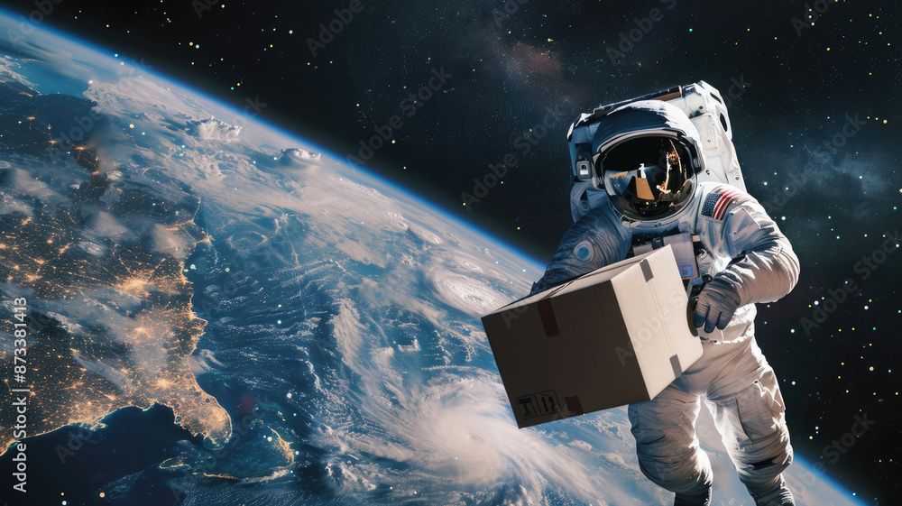 Poster astronaut delivering package in space - an astronaut floating in space delivers a package against th