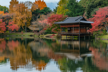 Fototapeta premium A Serene Autumn Scene Capturing a Traditional Japanese Teahouse by a Reflective Lake, Surrounded by Vibrant Fall Foliage in Rich Shades of Red, Orange, and Yellow
