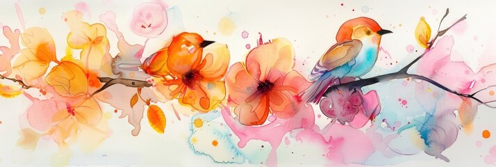 Watercolor Painting of Birds on a Branch with Blossoms - A watercolor painting depicting two birds perched on a branch with vibrant blossoms in a soft and delicate style. The colors are bright and joy