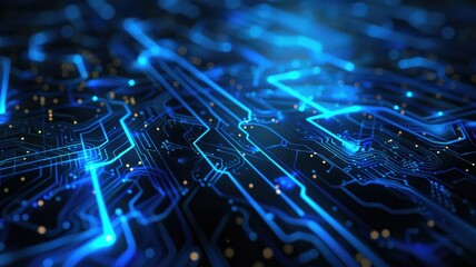 Obraz premium Abstract Circuitry with Glowing Blue Lines - Close-up abstract image of a circuit board with glowing blue lines representing data flow. It creates a futuristic and technological aesthetic. - Close-up 