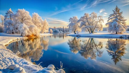 Winter Wonderland Snow Covered Trees Reflecting in a Frozen Lake