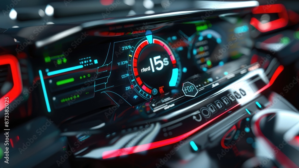 Poster futuristic car dashboard display - a close up of a futuristic car dashboard featuring a digital disp