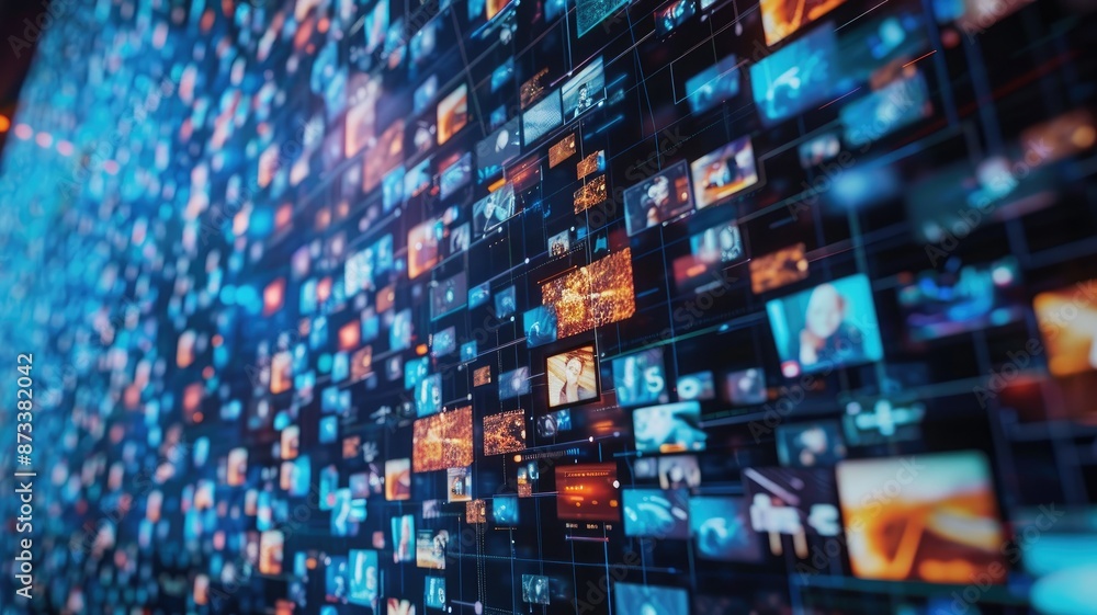 Poster digital wall of content - a digital wall with countless small screens showing various images and inf