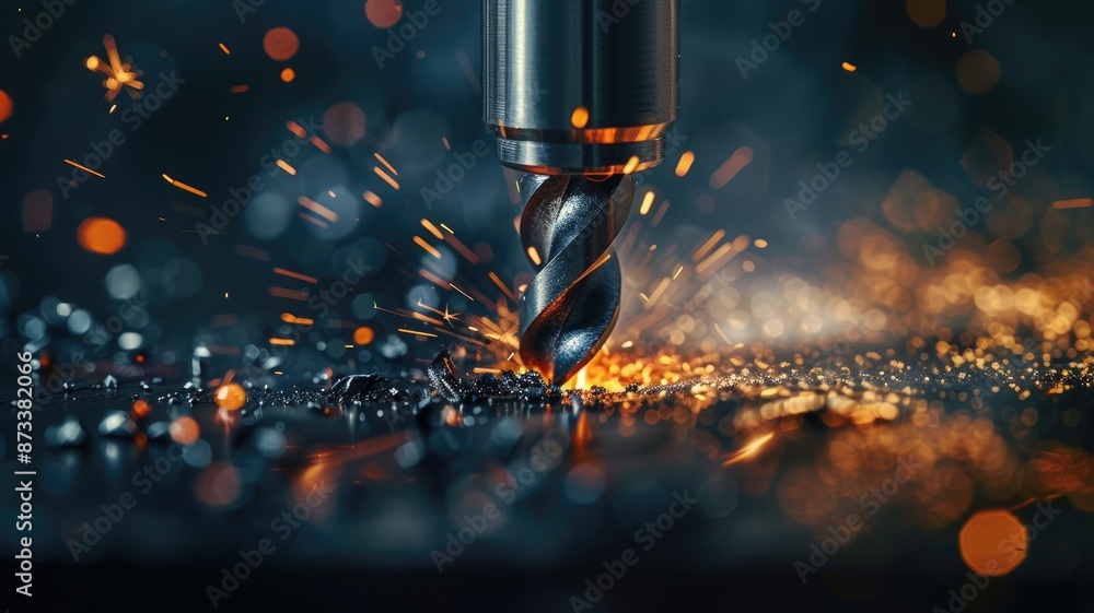 Poster close-up of a drill bit cutting through metal with sparks flying - a close-up image of a drill bit c
