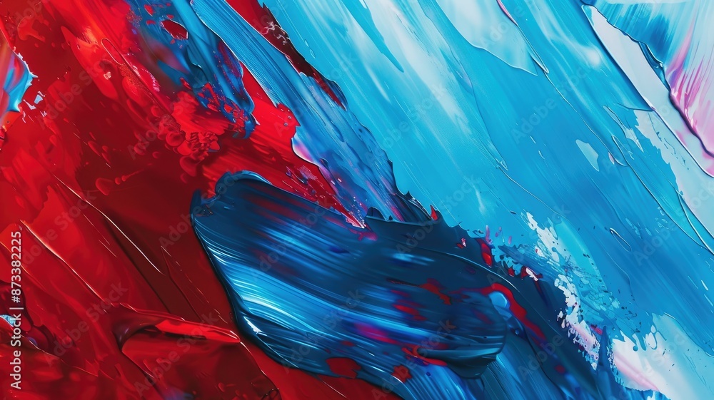 Poster abstract art with red and blue paint swirls - a close-up abstract painting with vibrant red and blue