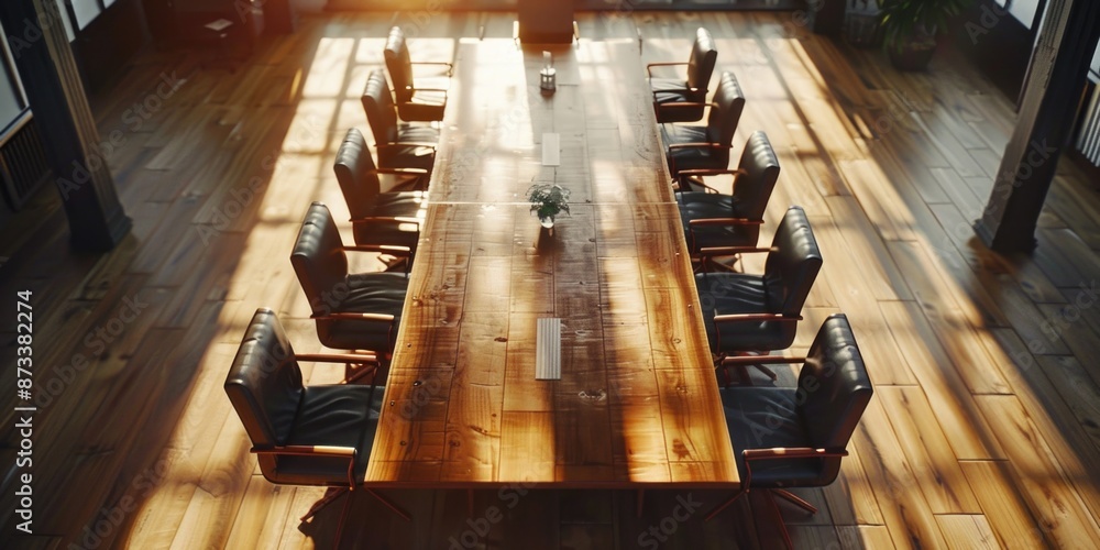 Poster a large wooden table with black chairs around it. the chairs are arranged in rows and the table is f
