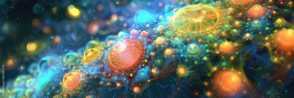 Poster abstract colorful fractal art with bubbles and light - abstract colorful fractal art with glowing bu